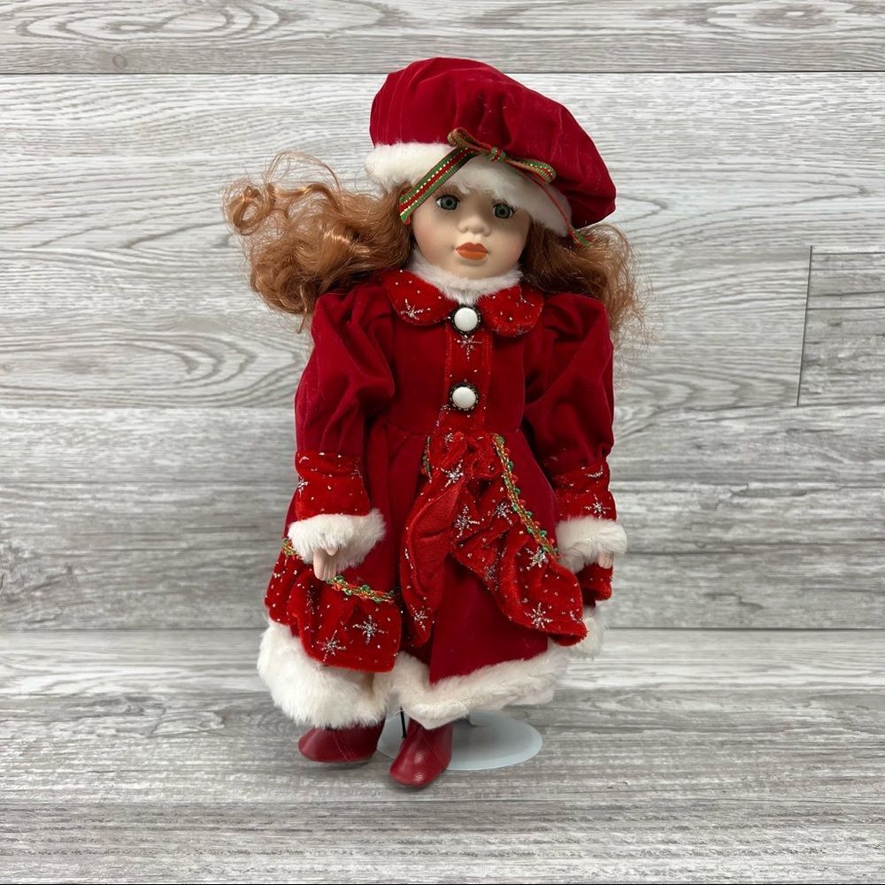 New My Treasure 12.5” Porcelain Doll In Red Dress & Hat Christmas Holiday